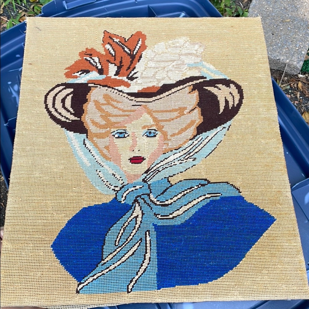 Vintage Needlepoint Lady Portrait in Blue and Tan